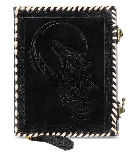 Embossed Howling Wolf Black Leather Journal with Unlined Paper
