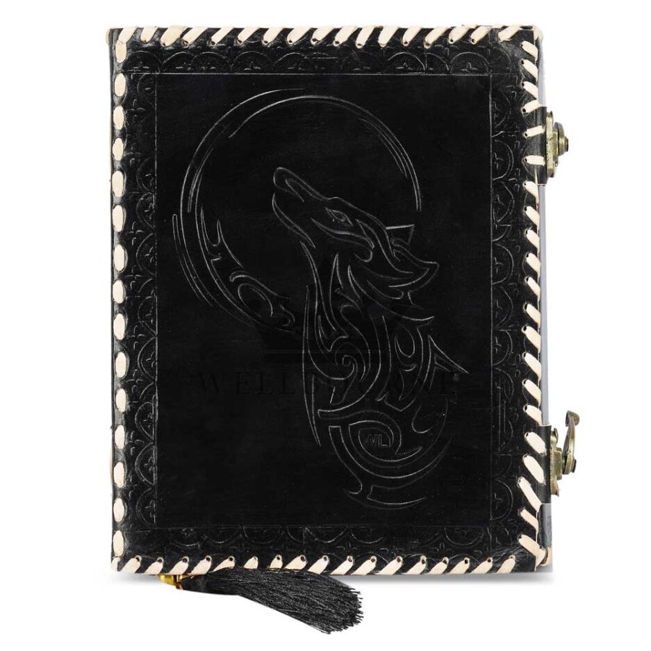 Embossed Howling Wolf Black Leather Journal with Unlined Paper