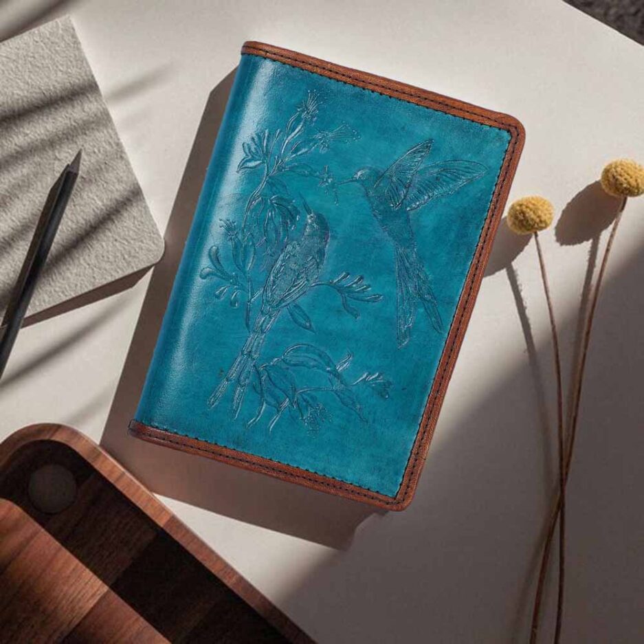Embossed Turquoise Leather Diary Hummingbird leather Notebook refillable A6 Daily Journal